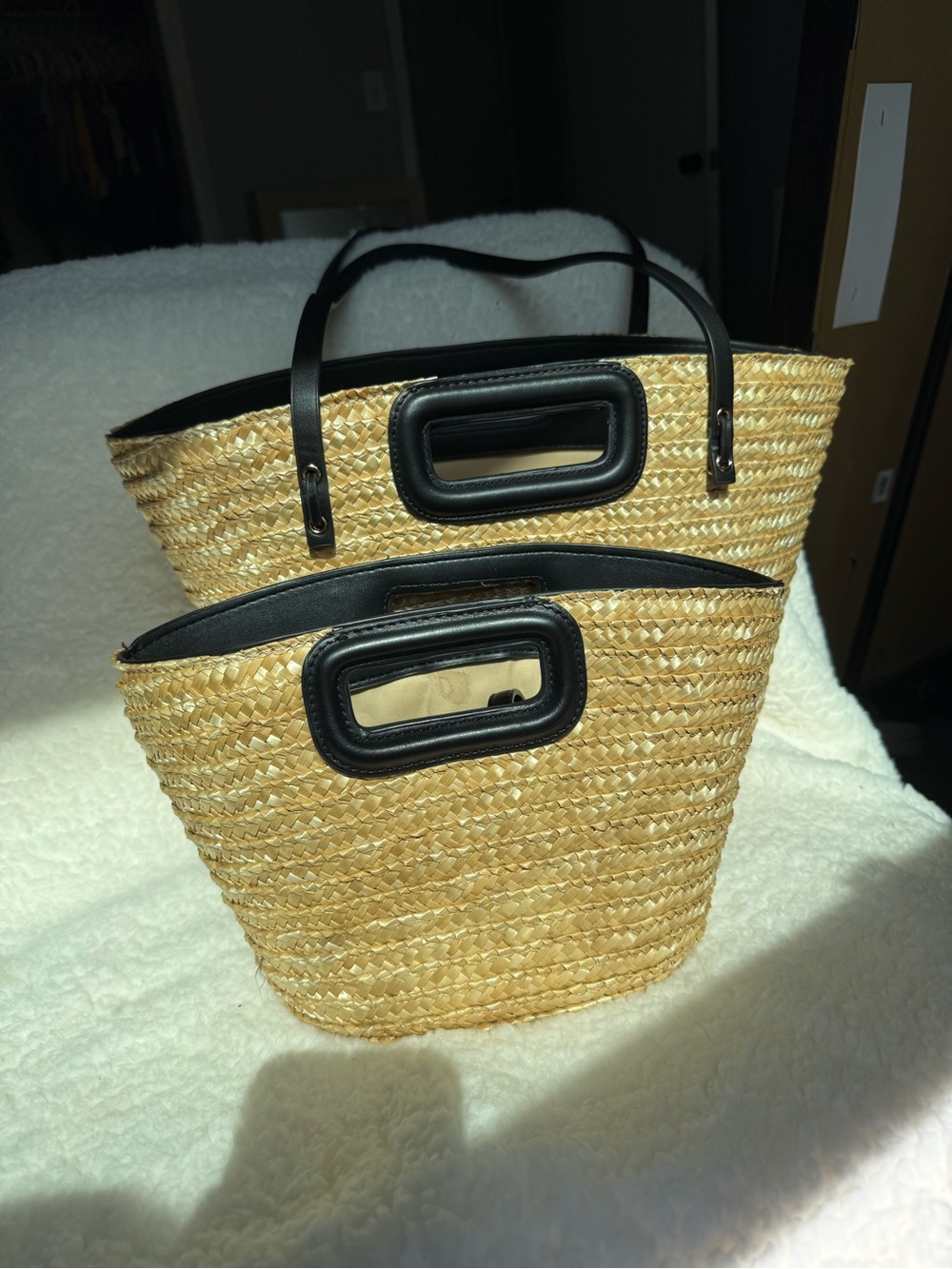 Woven Straw Tote Set with Black Trim